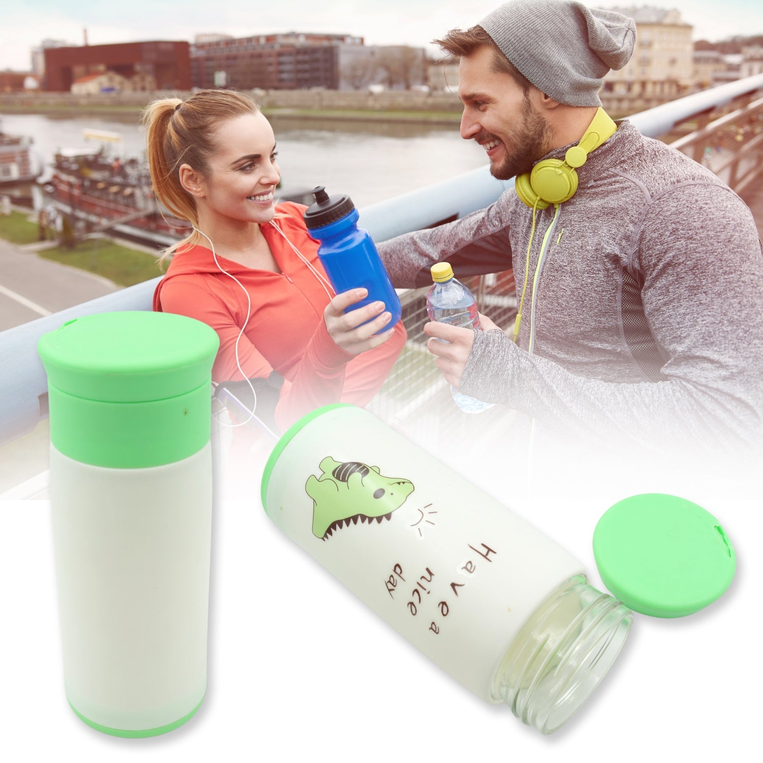 6384 Outdoor Sport Glass water bottle 350ml leak proof BPA-free for travel cold and hot water glass water bottle with daily water intake for gym and children, Home, Travel, Office Use  (350ml)