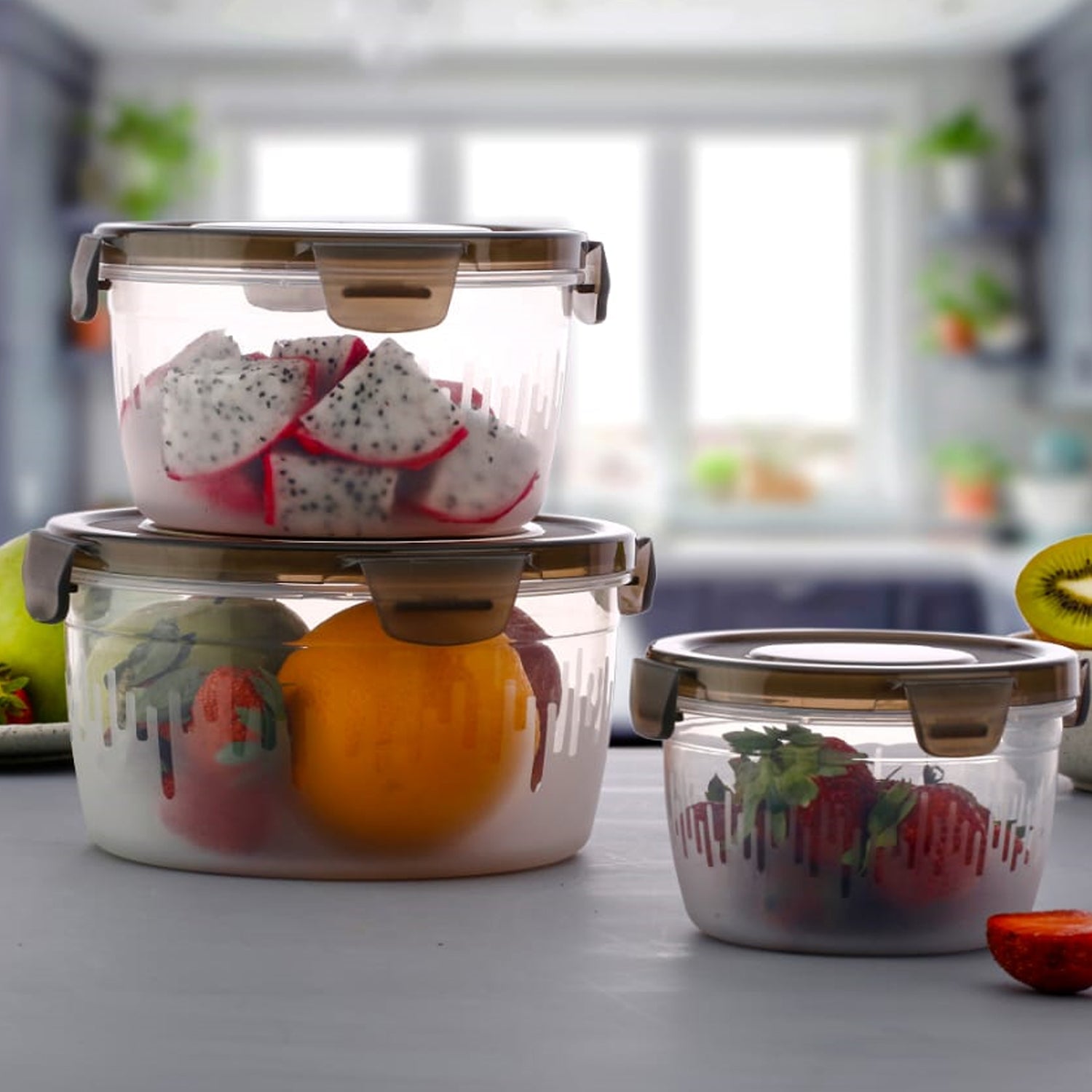 5628 Plastic Food Storage Container with Air Tight Lid Kitchen Food Container Meat Box Fridge and Freezer Storage Boxes Bowl, 1800ML, 1200ML, 600ML Approx, (3 Pcs Set)