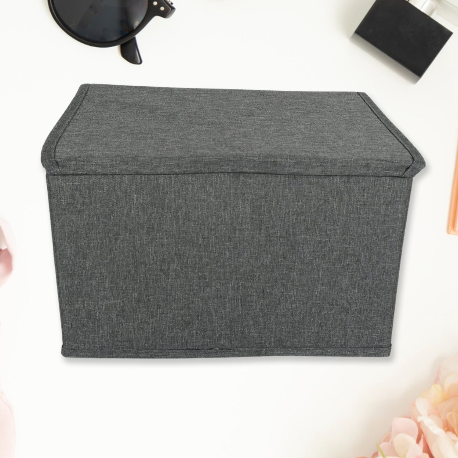12610 Small Foldable Storage Box With Lid And Handles, Cotton And Linen Storage Bins And Baskets Organizer For Nursery, Closet, Bedroom, Home (28×20×16 Cm / 1 pc)