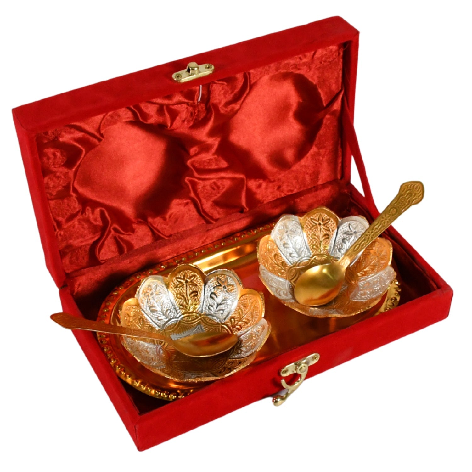 5636 5in1 Gold Silver Plated 2 Bowl 2 Spoon Tray Set Brass with Red Velvet Gift Box Serving Dry Fruits Desserts Gift