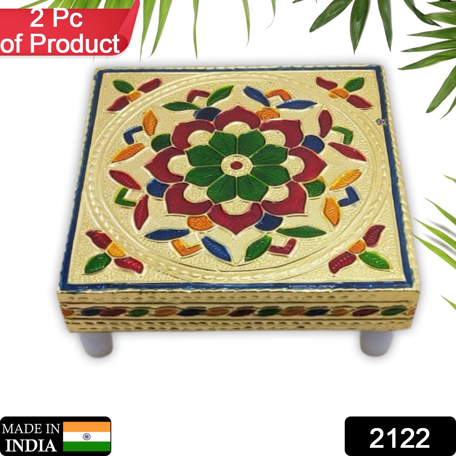 Handicraft Wood Chowki for Pooja , Wooden Bajot for Sitting, Multipurpose Stool (Multi color) (2 Pc Set)