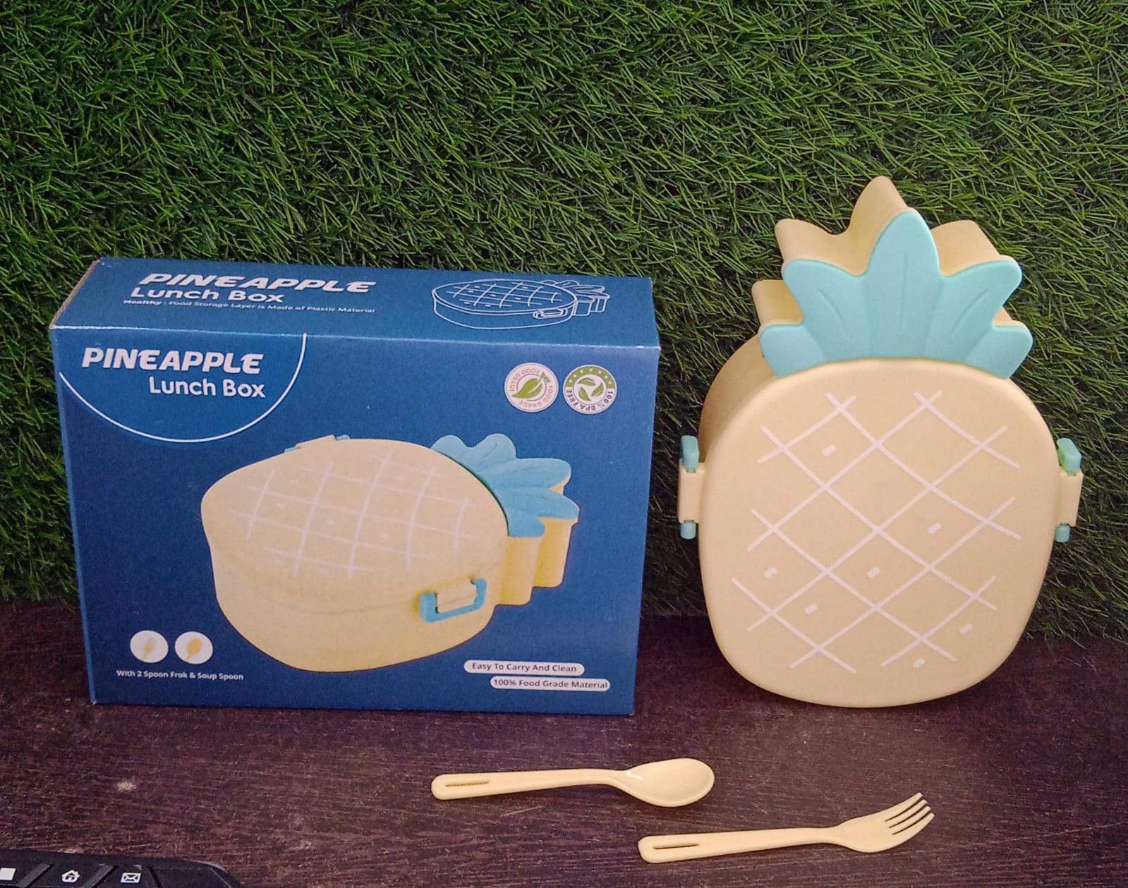 5729 Kids Lunch Box Cute Pineapple Shaped Bento Box with Fork Spoon Snack Candy Container Microwave Portable Office Lunch Box (1 Pc / With Spoon, Fork & Color Box)