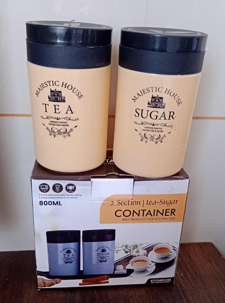 5640 Accurate Seal Tea Sugar Coffee Container, Plastic Damru Shaped Tea, Coffee, Sugar Canisters Jar, New Airtight Food Seal Containers for Salt, Dry Fruit, Grocery 2 Section (800 ML Approx)