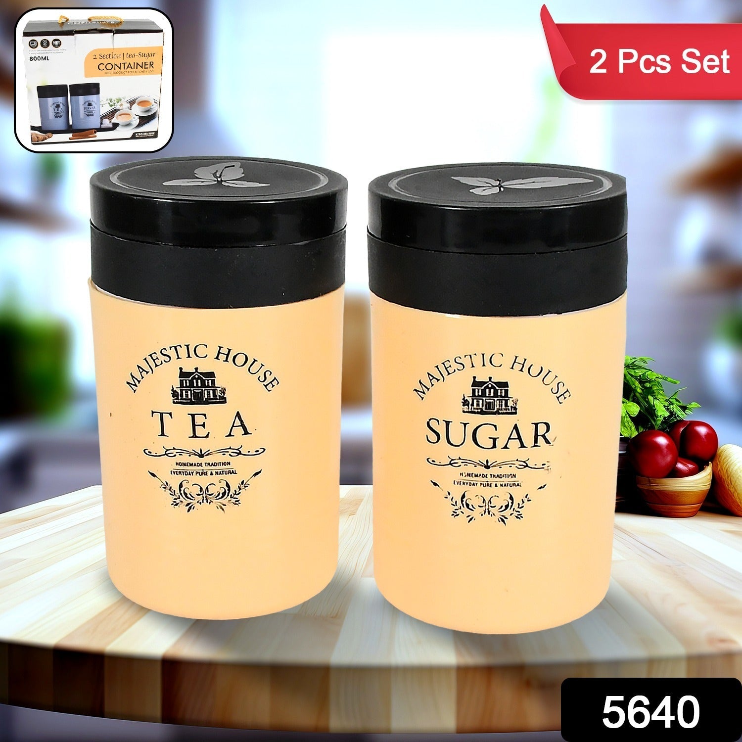5640 Accurate Seal Tea Sugar Coffee Container, Plastic Damru Shaped Tea, Coffee, Sugar Canisters Jar, New Airtight Food Seal Containers for Salt, Dry Fruit, Grocery 2 Section (800 ML Approx)