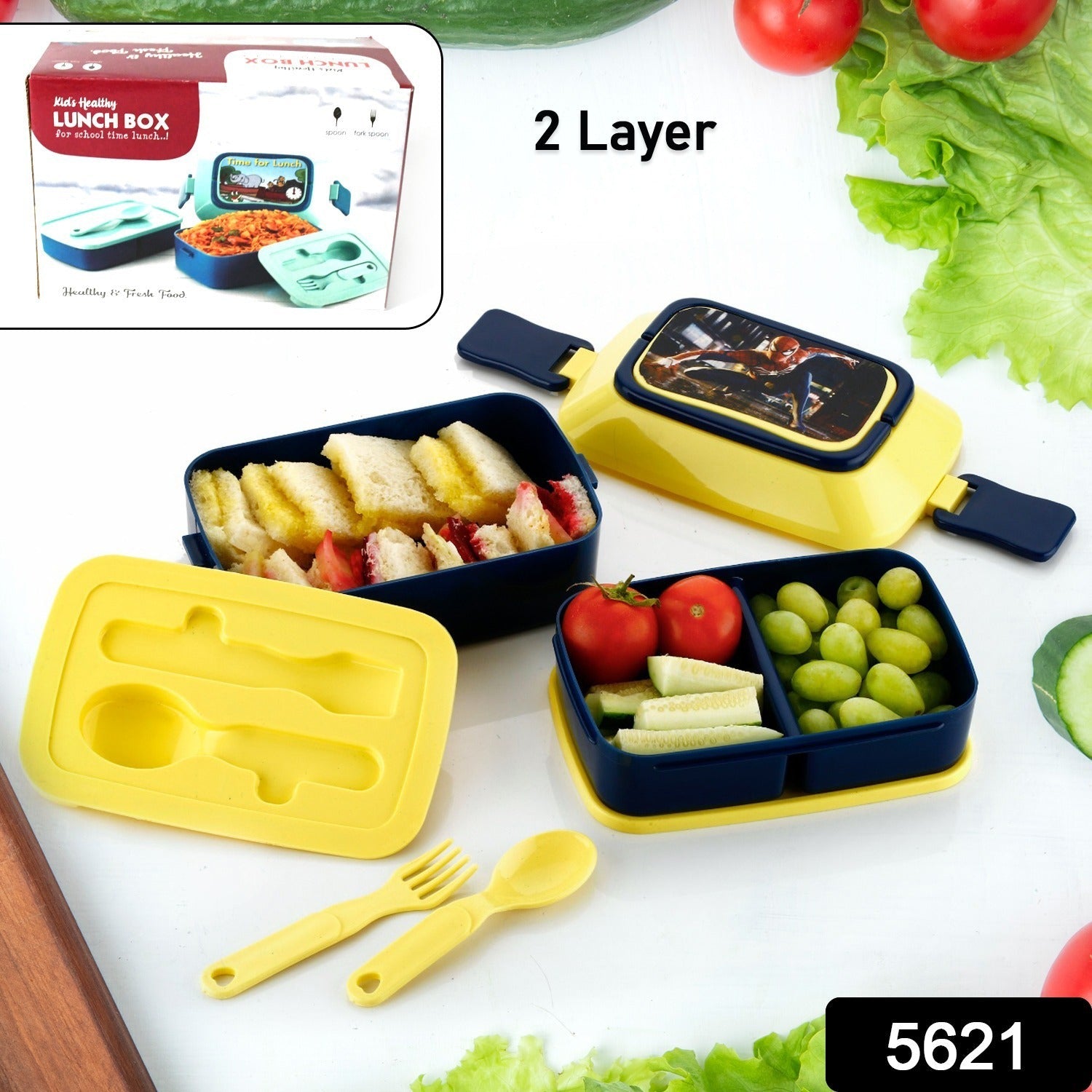 5621 Double Layer Lunch Box Stylish Lid Lunch Box With Fork & Spoon Lunch Box For Children School Lunch Box 
