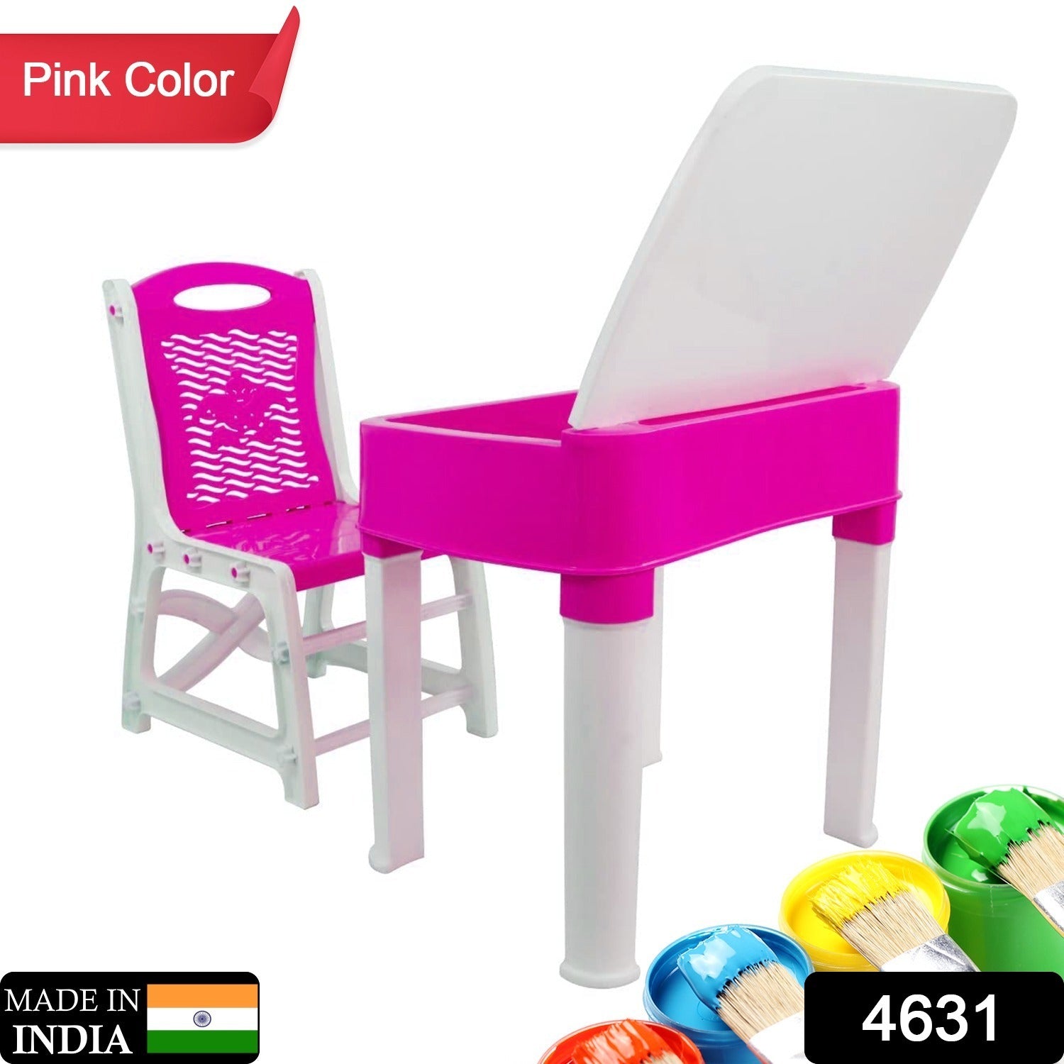 4631 Study Table And Chair Set For Boys And Girls With Small Box Space For Pencils Plastic High Quality Study Table (Pink)