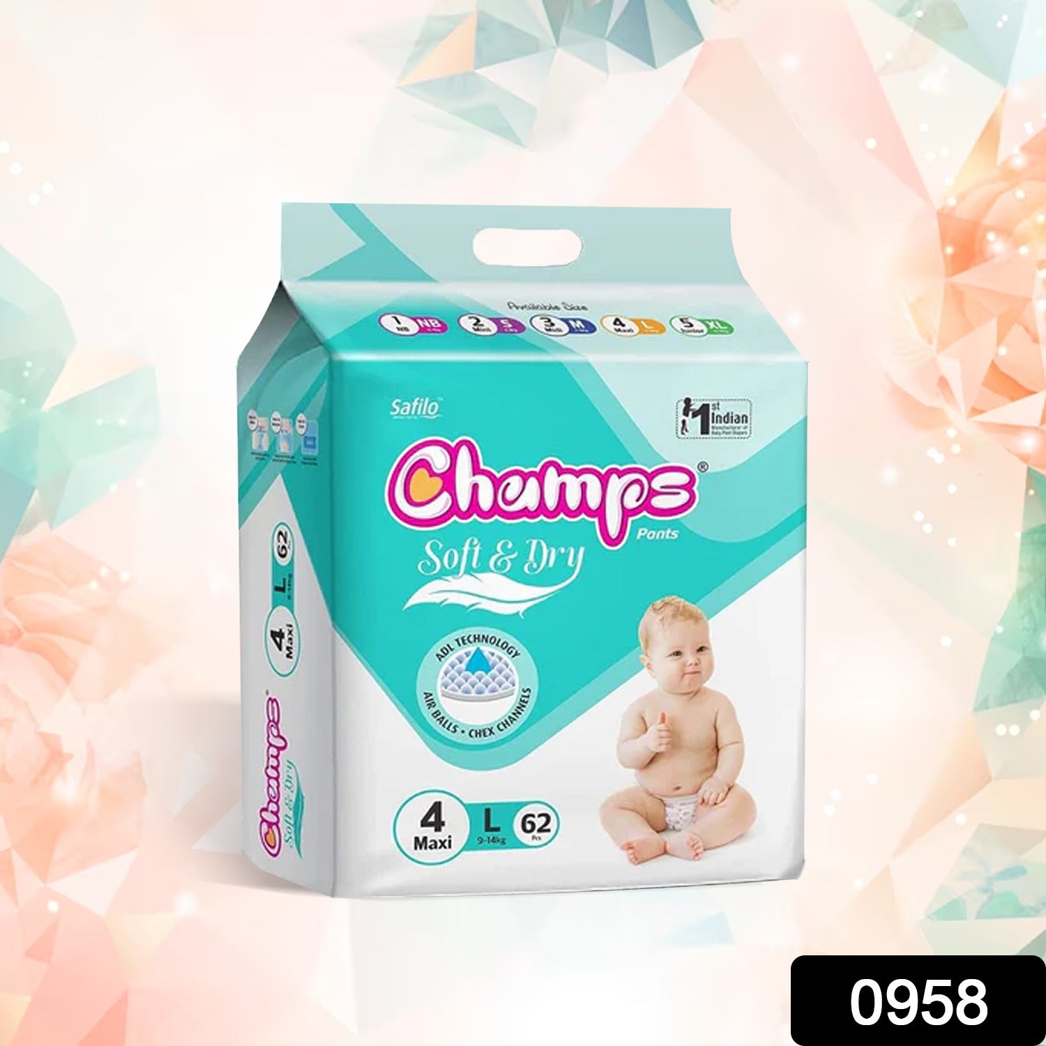 0958 Champs Soft and Dry Baby Diaper Pants  62 Pcs (Large Size  L62)