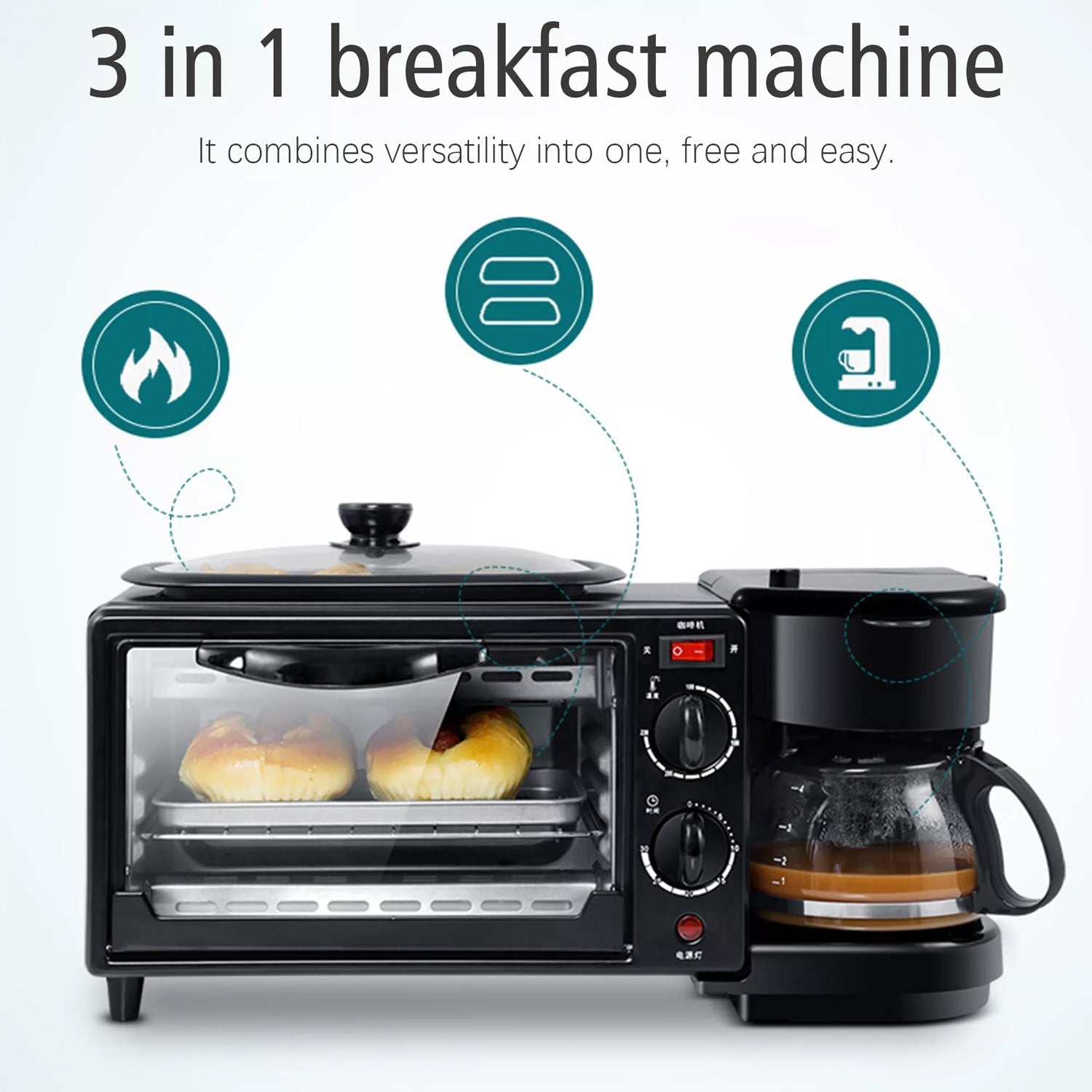 2788 3 in 1 Breakfast Maker Portable Toaster Oven, Grill Pan & Coffee Maker Full Breakfast Ready at One Go DeoDap