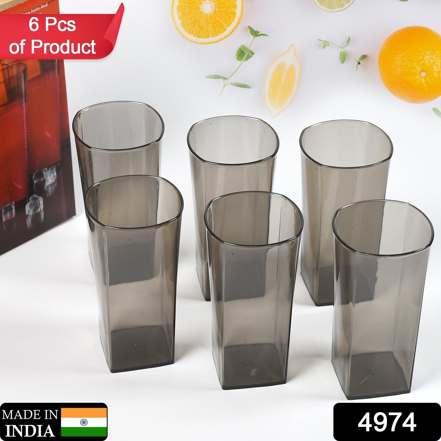 4974 Unbreakable Stylish Transparent Square Design Water/Juice/Beer/Wine Tumbler Plastic Glass Set ( 300 ML, Pack of 6) ( Black ) DeoDap
