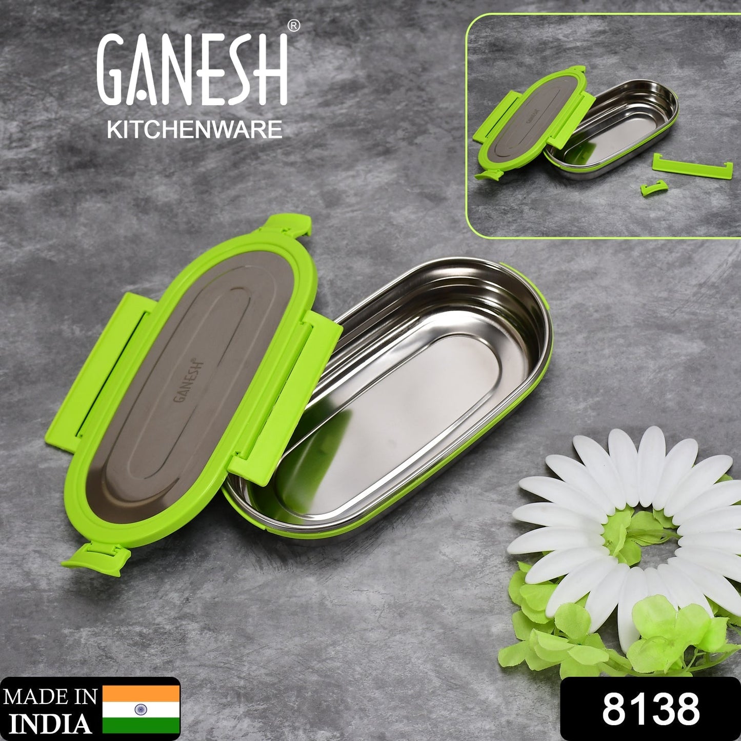 8138 Ganesh Solo Oval 650 Stainless Steel Leak proof airtight Lunch Pack for Office & School Use DeoDap