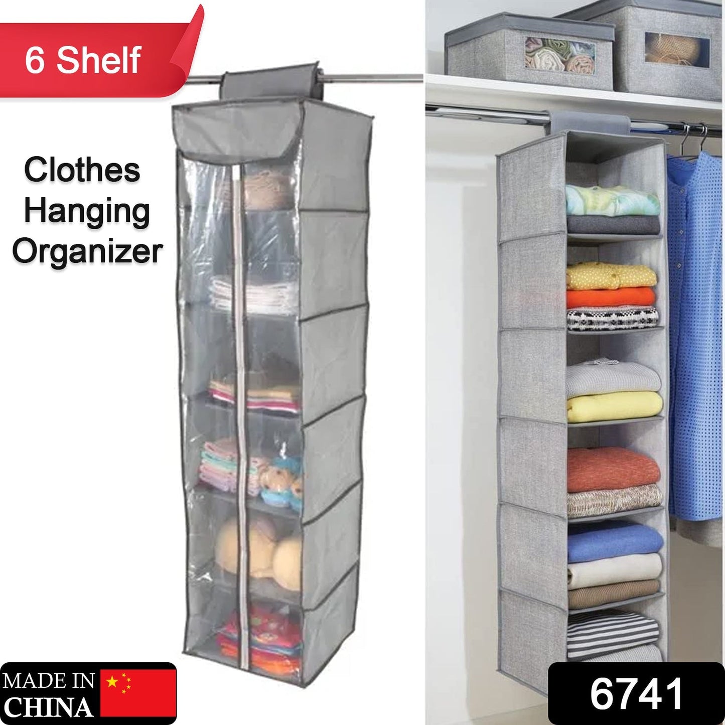 6741 Non-Woven Fabric Cloth 6 Selves Hanging Storage Wardrobe Organizer with PVC Zippered Closure 6 Layers Chain Cloth DeoDap