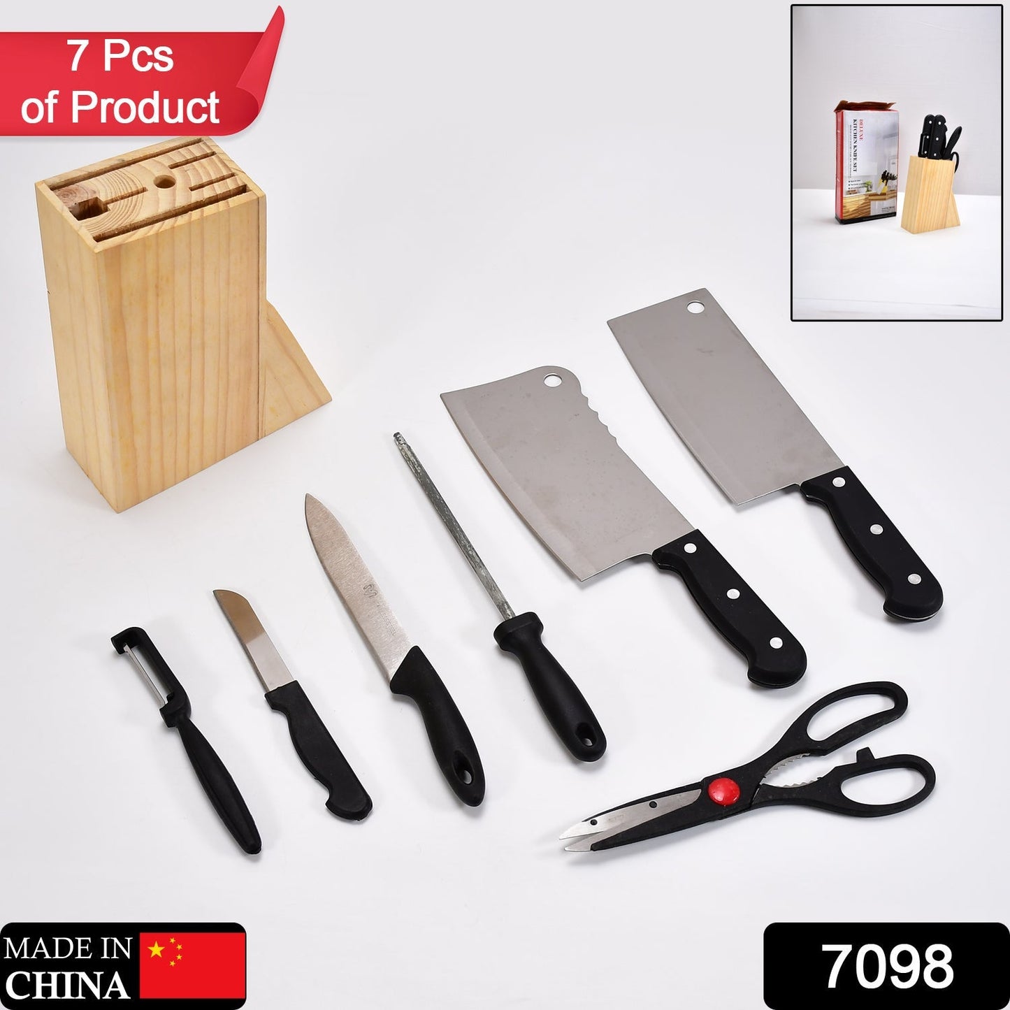 7098 7 Piece Kitchen Knife Set and Vegetable Peeler Set with wooden block DeoDap