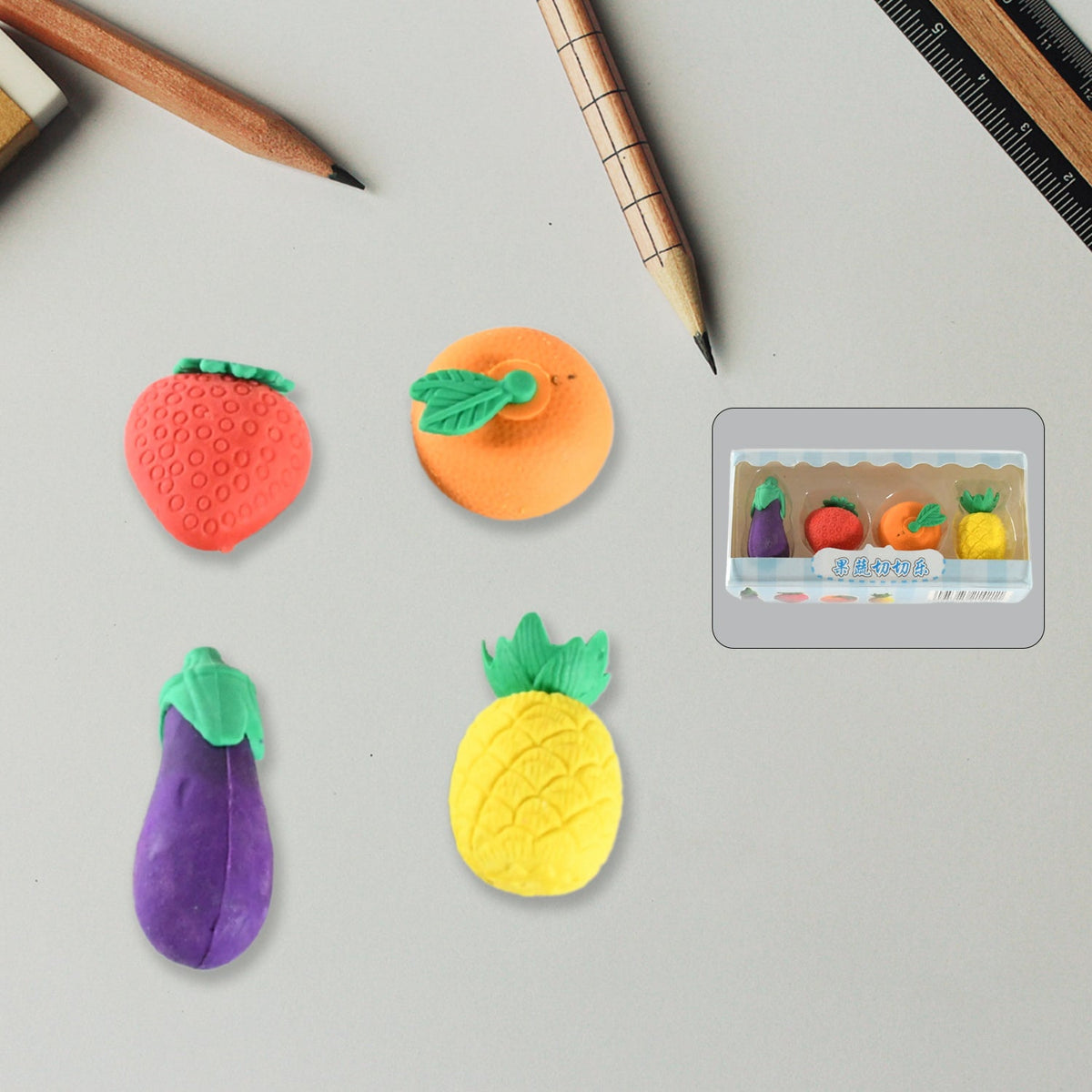 8760 Mini Cute Vegetables and Fruits Erasers or Pencil Rubbers for Kids, 1 Set Fancy & Stylish Colorful Erasers for Children, Eraser Set for Return Gift, Birthday Party, School Prize, 3D Erasers  (4 pc Set)
