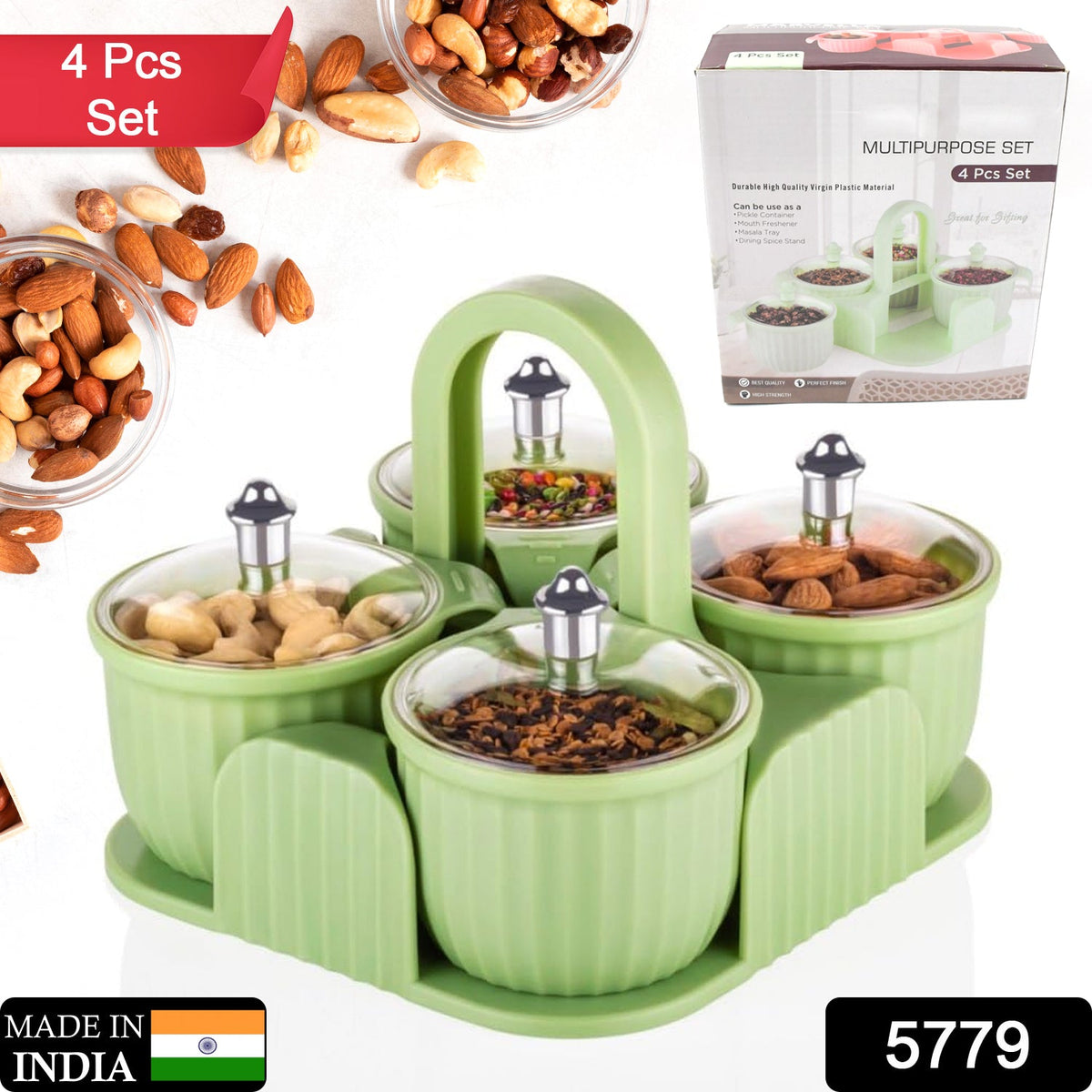5779 Multipurpose Jar Dryfruit Set,  Candy, Chocolate, Snacks Storage Jar, Masala Jar  for Home and Kitchen Airtight Dry Fruit Plastic Storage Container Tray Set With Lid & 4 Serving Jar Container for Sweets,Chips,Cookies|(4 Pc Set)