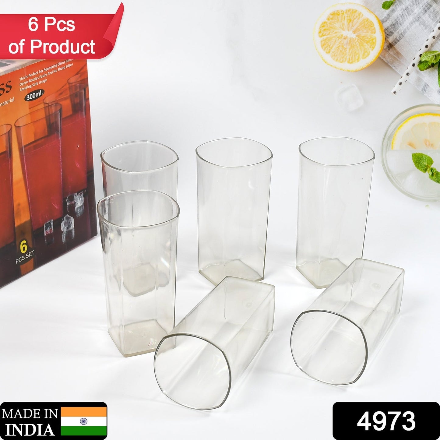 4973 Unbreakable Stylish Transparent Square Design Water/Juice/Beer/Wine Tumbler Plastic Glass Set ( 300 ML, Pack of 6) DeoDap