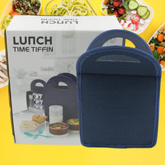 5773 6In1 Tiffin Box-Lunch Box | 3 Stainless Steel Containers | Plastic lid Box | Spoon & Fork /Plastic Bottle | Insulated Fabric Bag | Leak Proof | Microwave Safe  for Office, College and School for Men, Women (6 pcs)