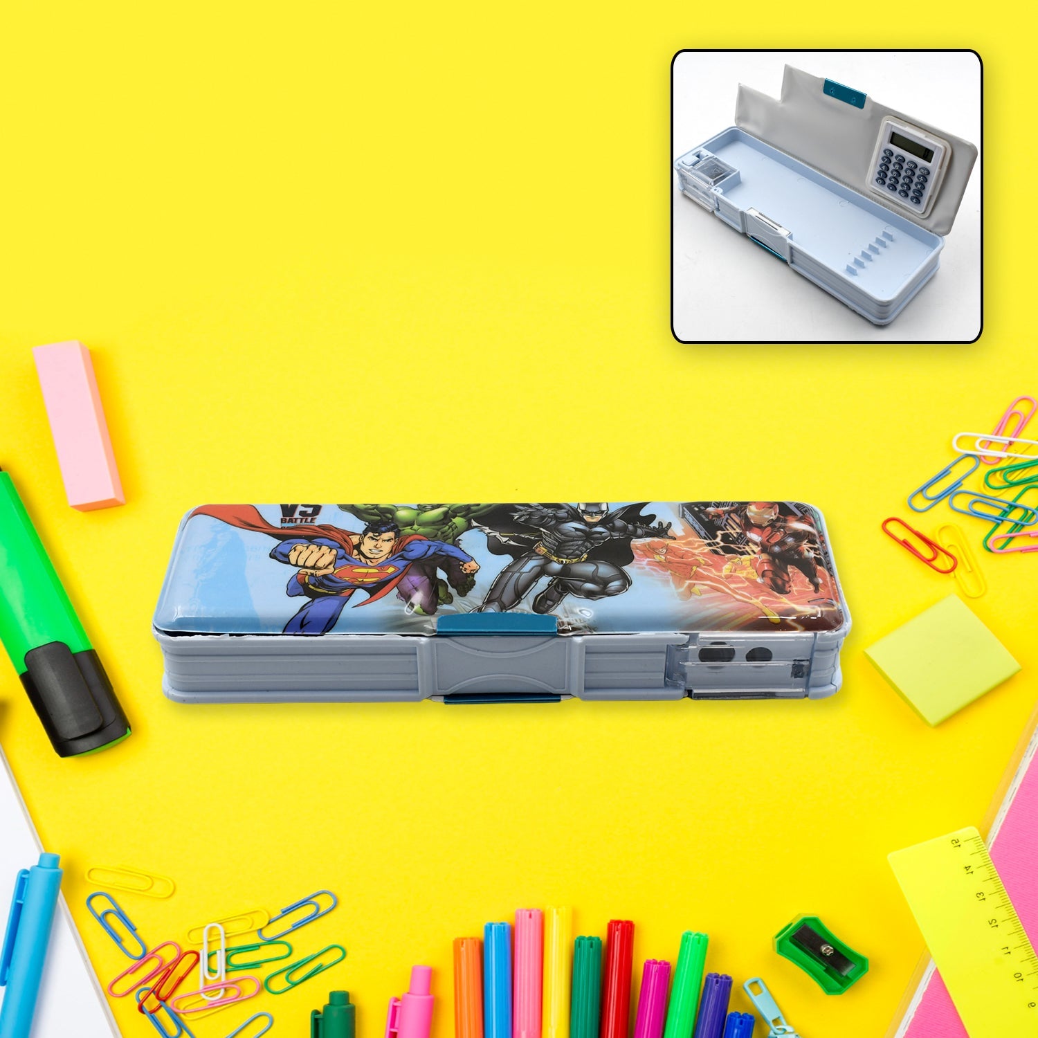 4570 Double Sided Magnetic Geometry Box, Pencil Box with Calculator and Sharpener for Boys Art Plastic Pencil Box  for Girls and Boys