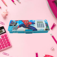 4260 Art & Stationery Cartoon Multi-functional Geometry Box for Boys with Inbuilt Calculator, 2 Sides Open and Double Sharpener Stationery Kit Pencil Box for Boys Art Plastic Pencil Box  for Girls and Boys