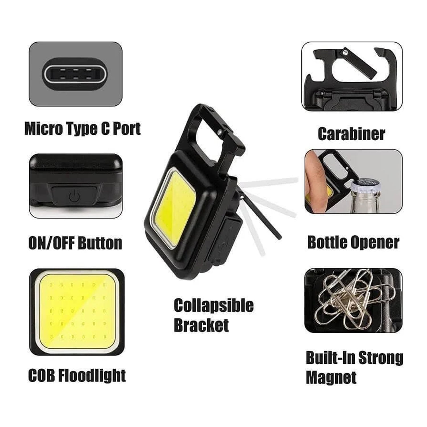4108 Plastic Rechargeable Keychain Mini Flashlight with 4 Light Modes, Ultralight Portable Pocket Light with Folding Bracket Bottle Opener and Magnet Base for Camping Walking