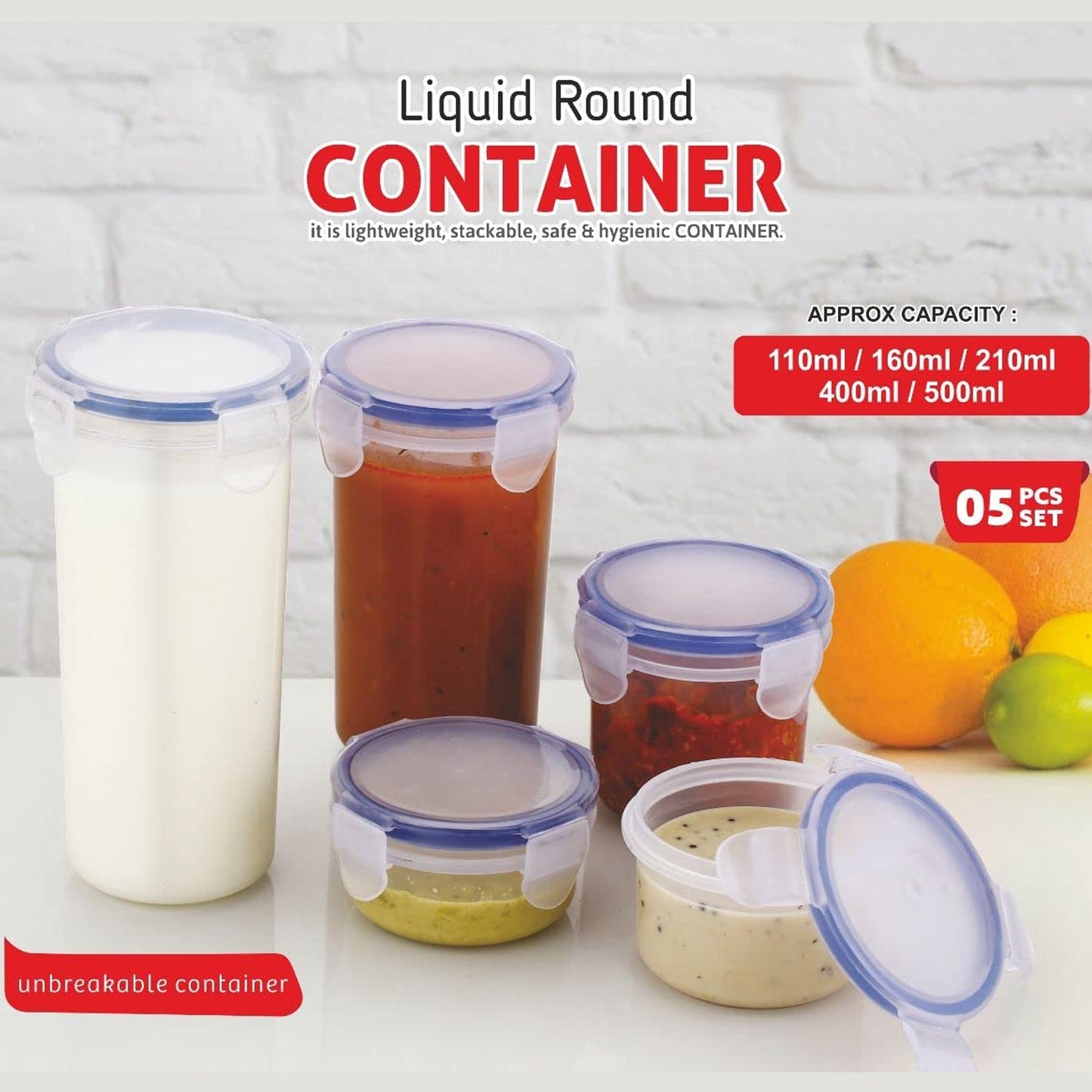5830 Plastic Liquid Round Airtight Food Storage Container with Leak Proof Locking Lid BPA Free Container for Kitchen, 5 Pcs Set (Transparent,  ( Approx Capacity 110 ml,160 ml,210 ml,400 ml,500 ml)