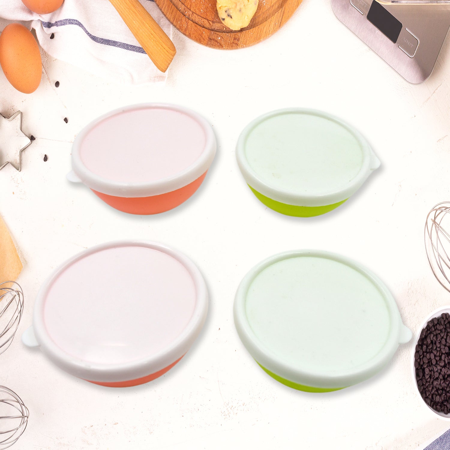 5558 Multipurpose Small Round Plastic Bowl / Katori With Lid, Microwave Safe Reusable Lightweight Bowl, Dishwasher Safe Chutney Bowl (4 Pcs Set)