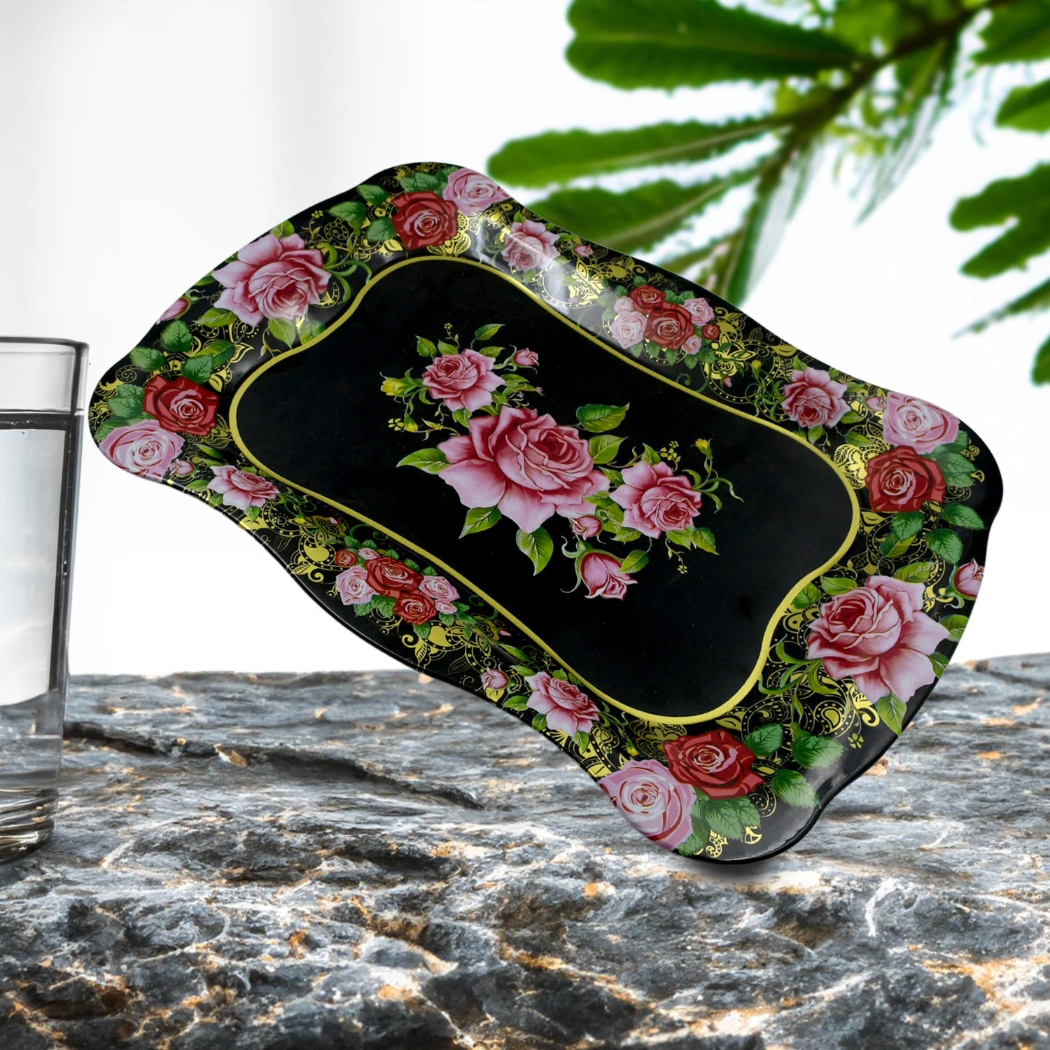 5537 Stainless Steel Serving Tray With Flower Printed Rectangle Premium Dining Table Plate (18 x 8.5 Inch / 1 Pc)