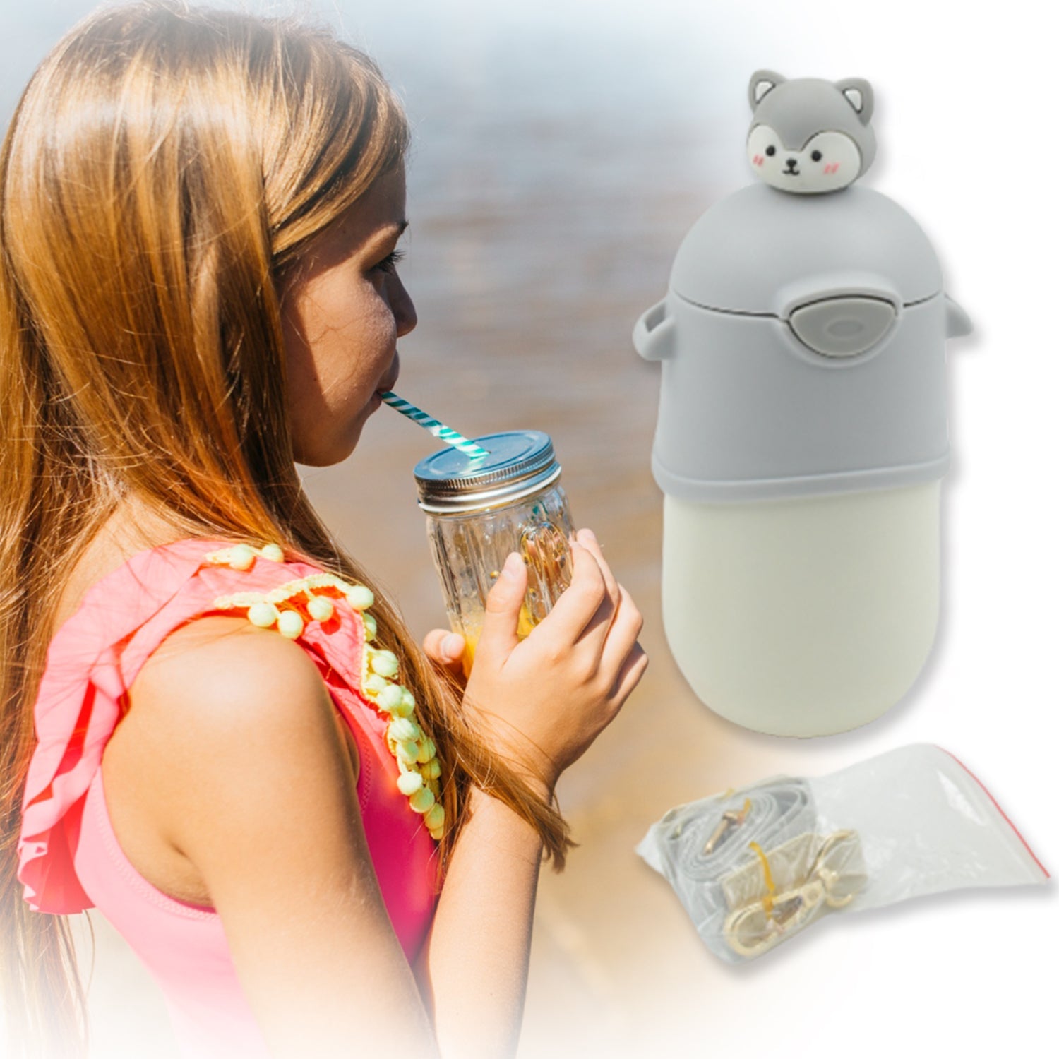 6685 Water Bottle 500ml With Dori and Hook Easy to Carry & Straw Cartoon Vacuum Flask Thermal Stainless Steel Portable Sealed Bear Water Bottle for Gifts Water Bottle for Gifts for Outdoor/ Office/Gym/School (500 MlL)