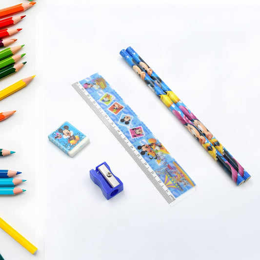 4580A Mix Design Cartoon Wooden Pencil Set, Stationary Set 5 in 1 Items Educational Item for School Going Kids, Stationary Set for Girls Boys/Stationary for School/Gift Pack for Girls Kids/Birthday Gift Kids (5 Pc Set )