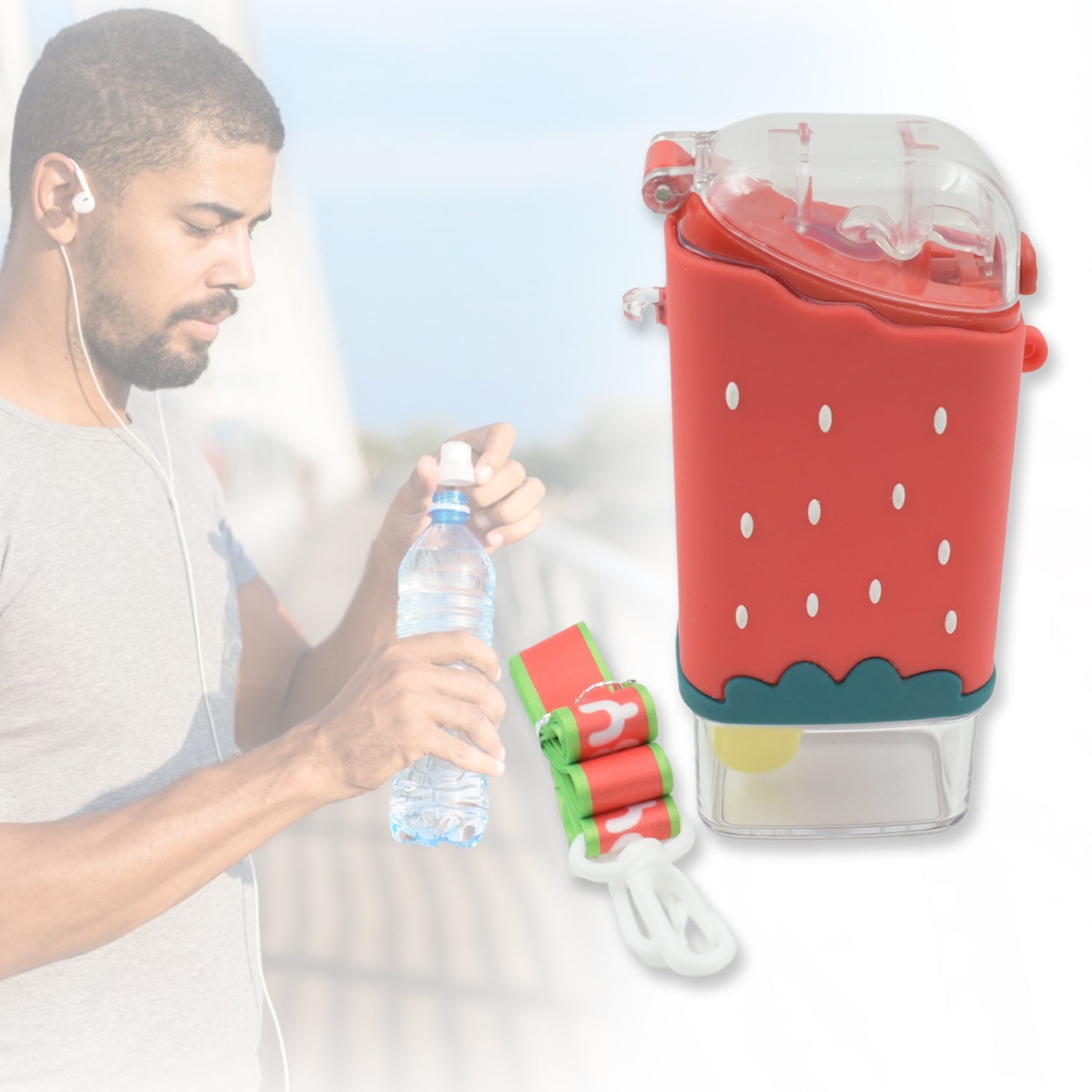 12555 Portable Cute Water Bottle for Kids, Unique Ice Cream Shape water cup, Popsicle Shaped Plastic Kettle with Straw, Adjustable Shoulder Strap, BPA free, Leakproof (300 ML)