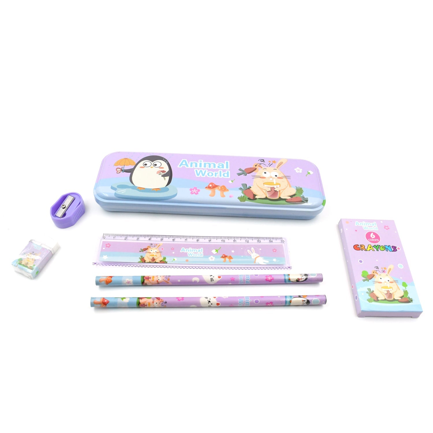 4297 School Supplies Stationery Kit with 1 Pencil Box Case 2 Pencils 6 Crayon Colors 1 Ruler Scale 1 Eraser 1 Sharpener Stationary Kit for Girls Pencil Pen Book Eraser Sharpener Crayons - Stationary Kit Set for Kids Birthday Gift (12 Pc Set)