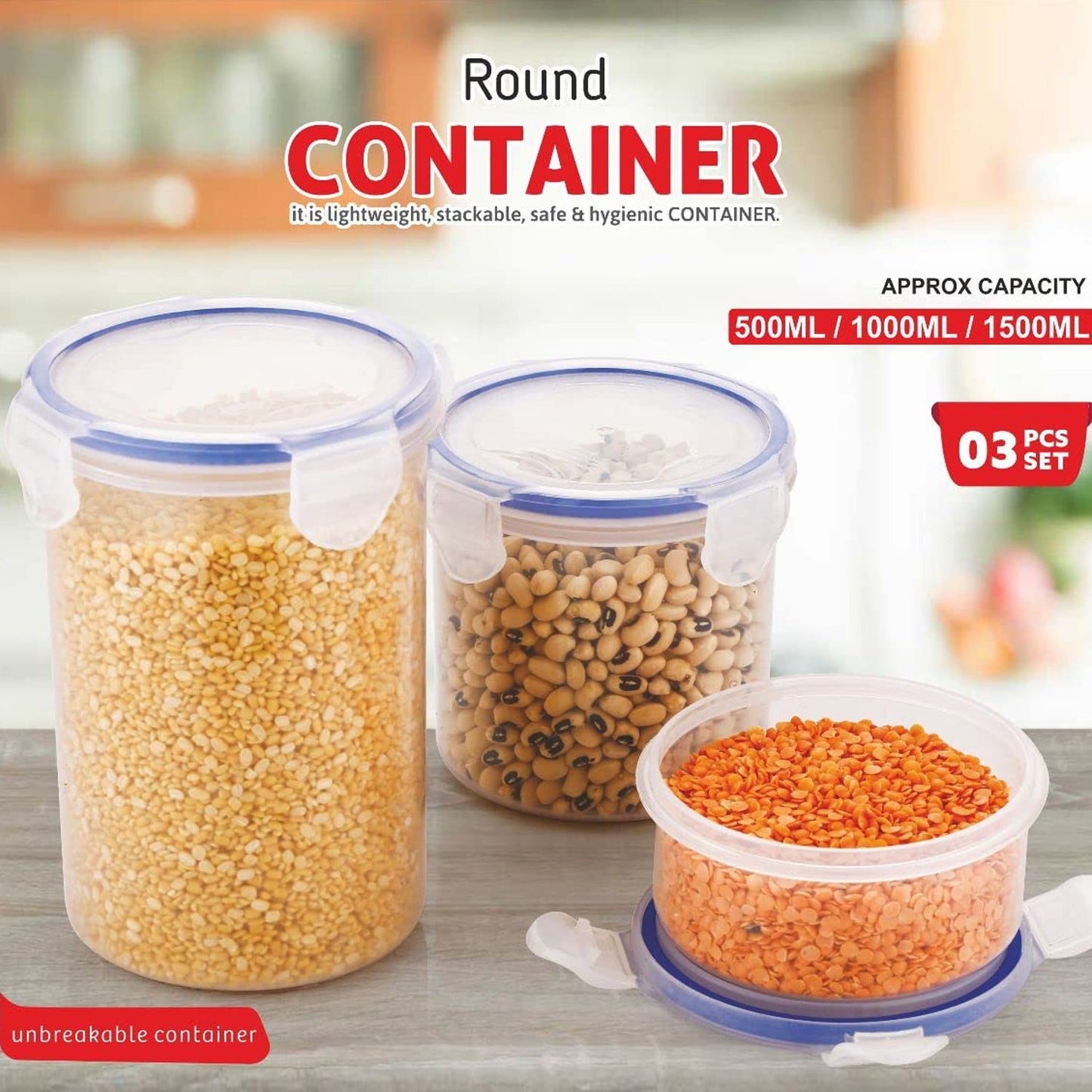 5828 Round Plastic Airtight Food Storage Containers with Leak Proof Locking Lid Storage container set of 3( Approx Capacity 500ml,1000ml,1500ml, Transparent) - 3 Pc Set