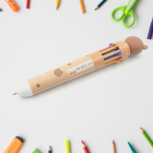 4554 Kids 10-in-1 Color Pens Ballpoint Pen Set for Kids Cartoon Head Writing Pen for School Office Stationary Kit, Teddy Bear (1 Pc)