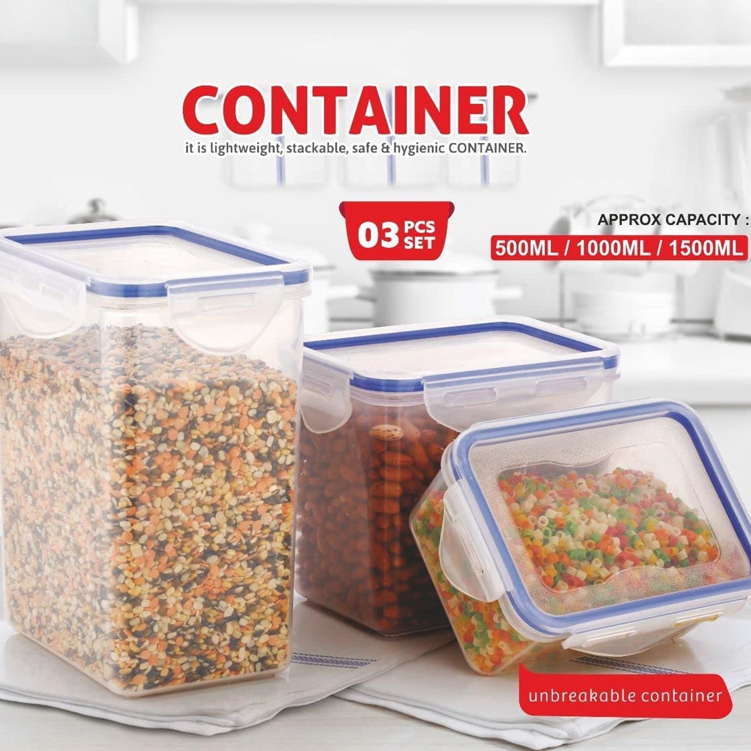 5827 Rectangle ABS Airtight Food Storage Containers with Leak Proof Locking Lid Storage container set of 3 Pc (Approx Capacity 500ml,1000ml,1500ml, Transparent)