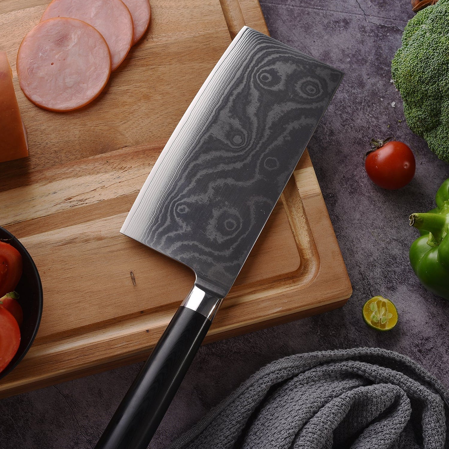 5735 Stainless Steel Chef Damascus Cleaver Vegetable Knife with Plastic Handle & Cover, Multipurpose Use for Kitchen or Restaurant (12 Inch)