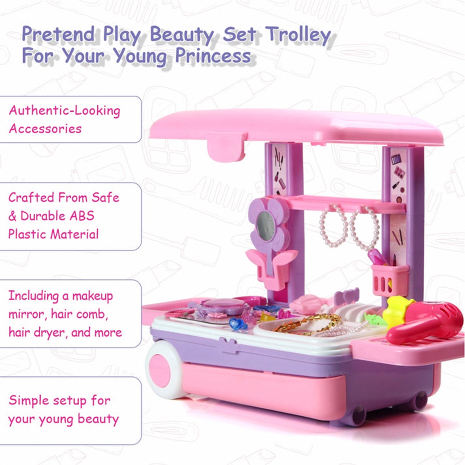 17746 Big Beauty Set Suitcase On Wheel, The Ultimate Beauty Set On Wheels for Girls, Makeup Kit is Easy to Clean & Use, Portable Beauty Set with 25 Pieces for 3 Years BIS Approved. (Beauty Set Trolley)