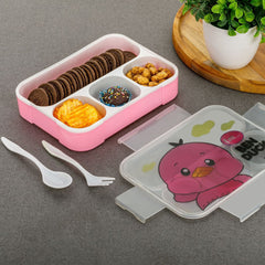 7018 Cartoon Design Print 4 Compartment Plastic Lunch Box Air Tight Lunch Box for Office, Bento Box, Leak-Proof, Microwave & Dishwasher Safe, Plastic Lunch Box for School Child, Tiffin Box for Adults with Fork & Spoon