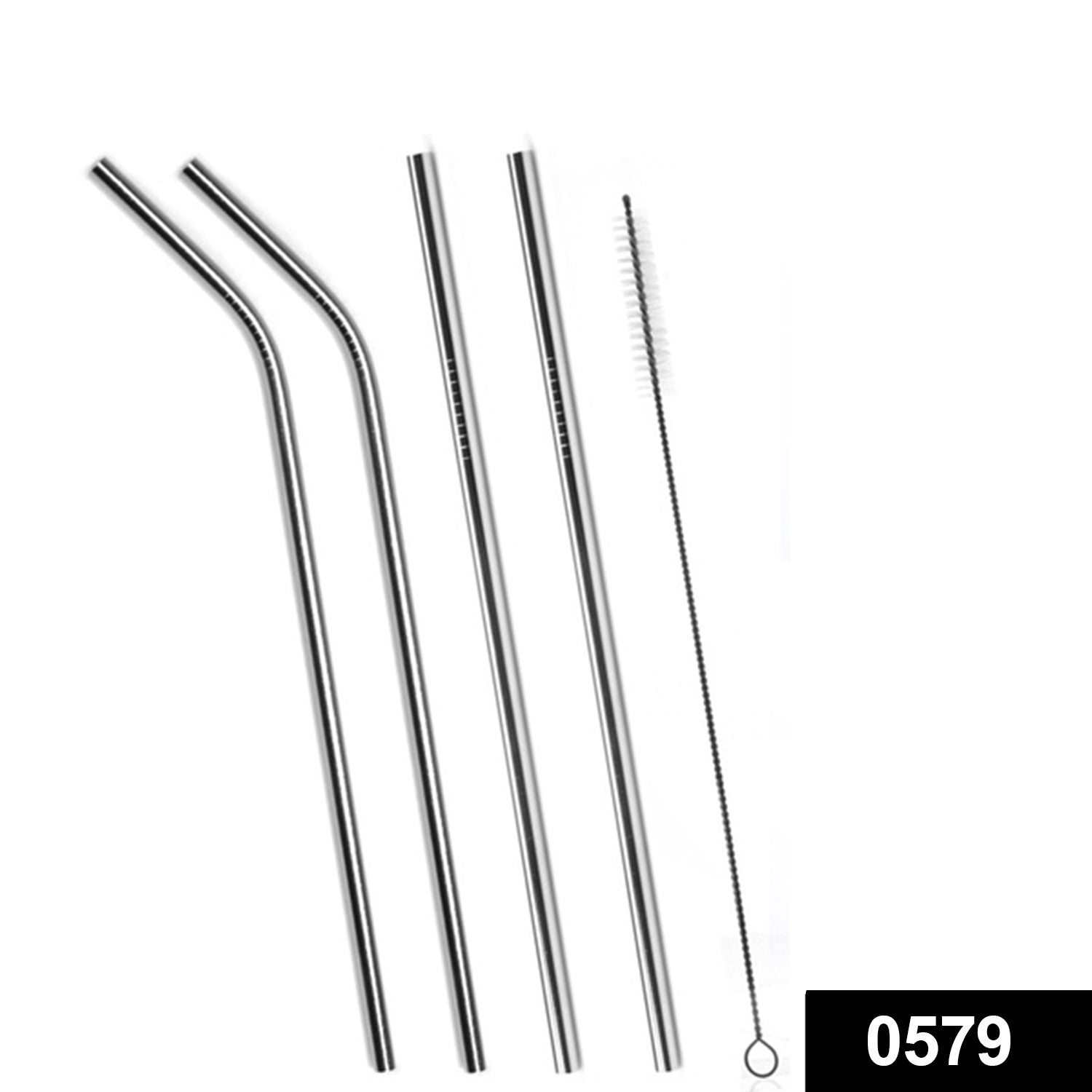 579 Set of 4 Stainless Steel Straws & Brush (2 Straight straws, 2 Bent straws, 1 Brush) DeoDap