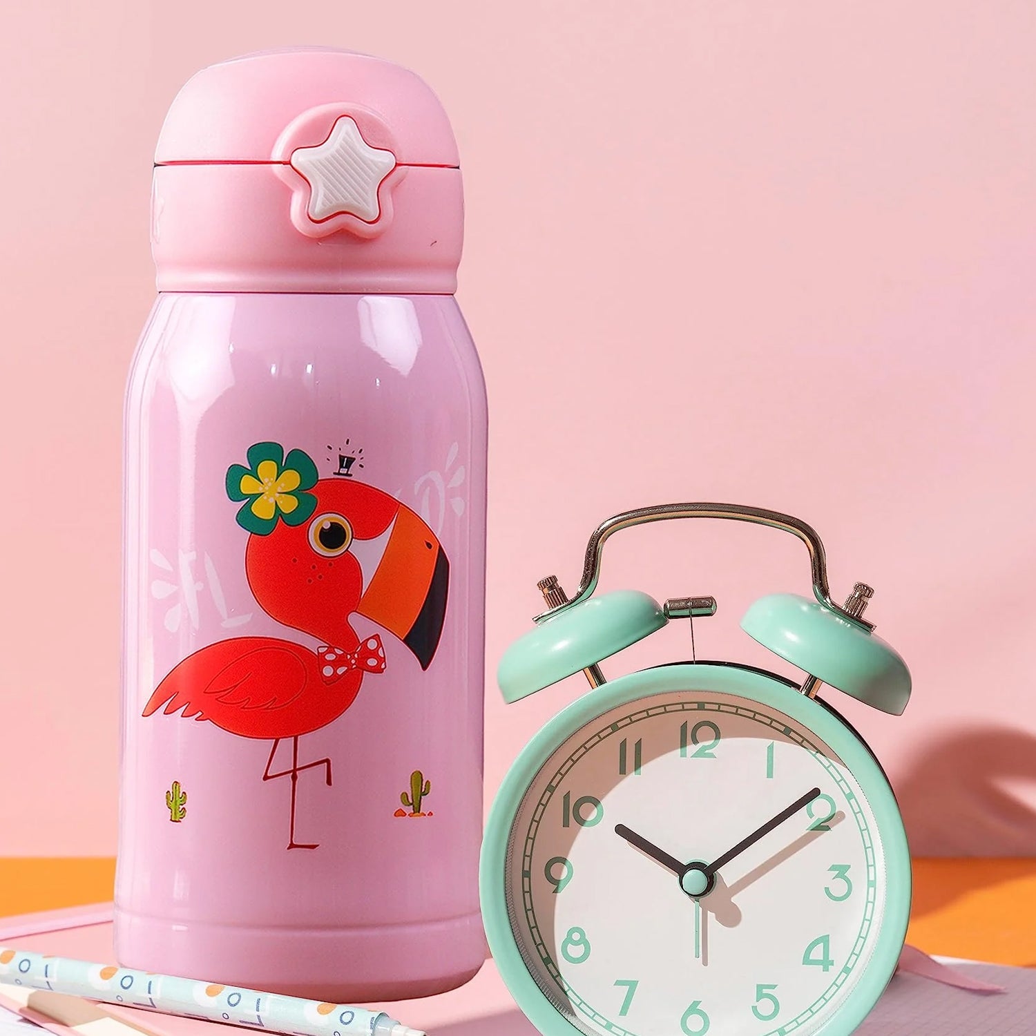 Love Baby Cute Animals Prints Kids Bottle Sipper for HOT N Cold Water, Milk, Juice with Bottle Cover, Cup, Zip Pocket & Straw to Keep Things Orange Green Pink Colors for Outdoor/ Office/Gym/School (600 ML)