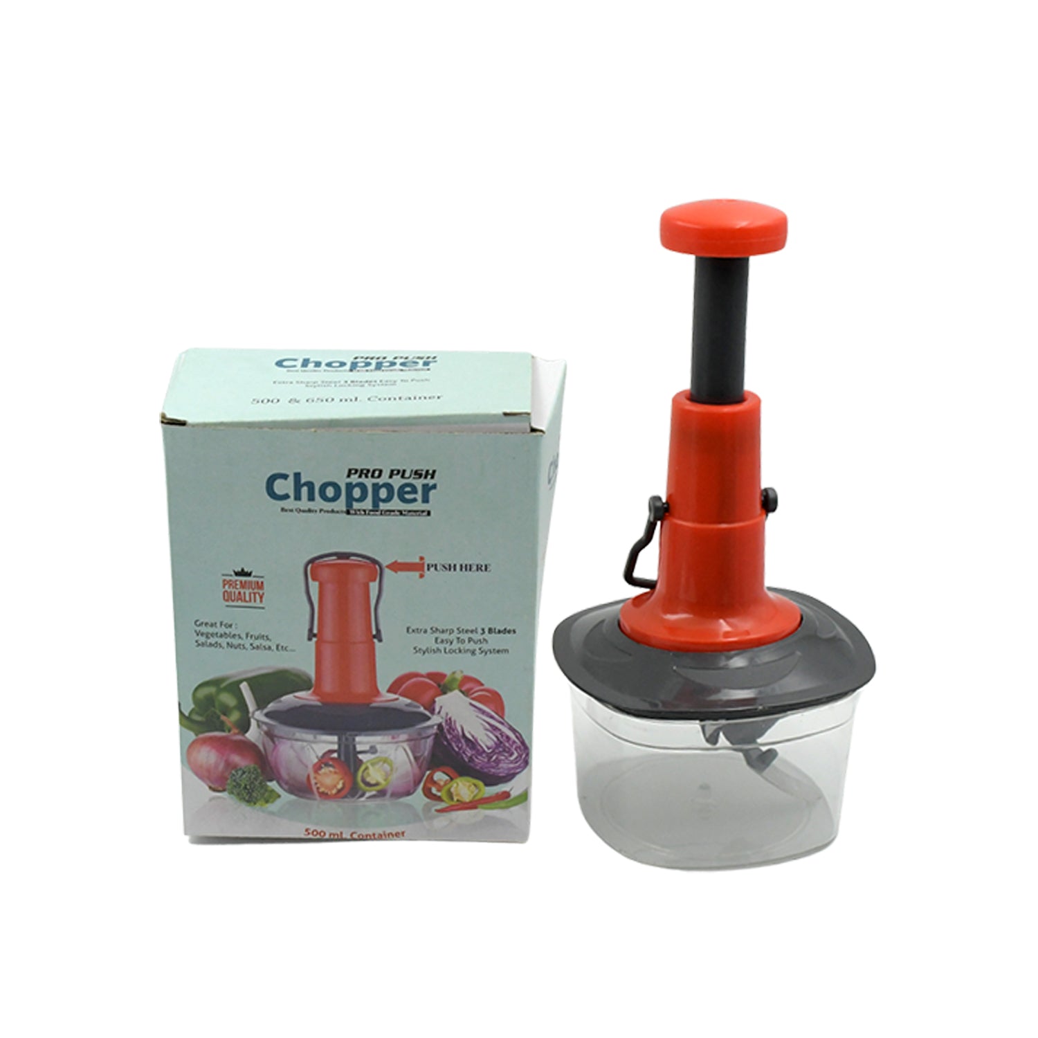 5790 Manual Press Fruit & Vegetable Chopper, with 3 Stainless Steel Blades, Anti-Slip Base, and Locking System, Cutting Chopper For Kitchen (650 ML)