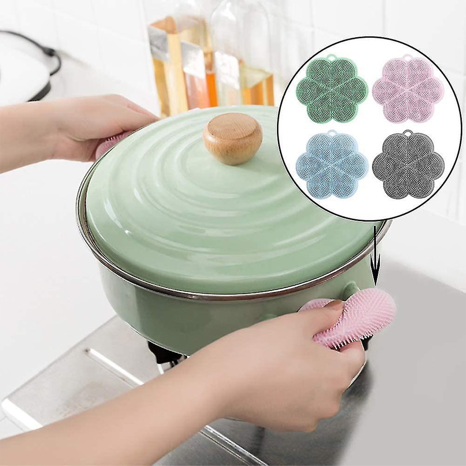 7215 Multifunction Silicone Sponge Dish Washing Kitchen Scrubber, Dishwashing Brush Silicone Kitchen Brush Flower Shape Cleaning Brushes for Home Restaurant Easy Cleaning Tool Heat-Resistant Mat Kitchen Home Gadgets (1 Pc)
