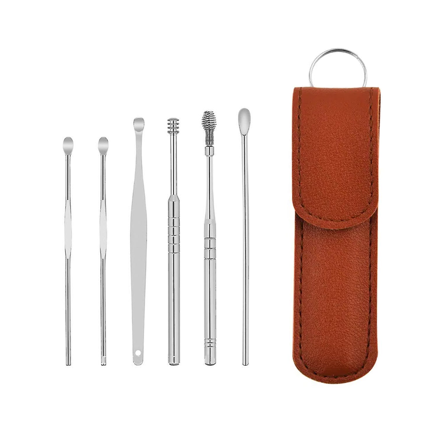 6317   6-in-1 Ear Wax Cleaner- Resuable Ear Cleaning Tools Leather Pouch - Ear Pick Wax Remover Tool Kit with Ear Curette Cleaner and Spring Ear Buds Cleaner Fit in Pocket Great for Traveling DeoDap