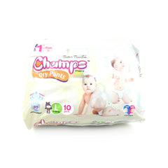 0974 Large Champs Dry Pants Style Diaper- Large (10 pcs) Best for Travel  Absorption, Champs Baby Diapers, Champs Soft and Dry Baby Diaper Pants (L,10 Pcs )