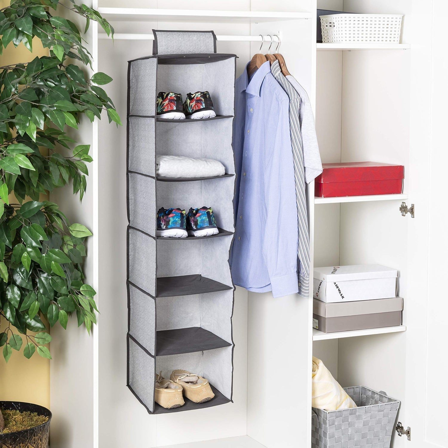 6370  6 Shelf Hanging Closet Organizer, Space Saver, Sweater & Clothing Shelves, Breathable Material Keeps Away Dust & Odors, DeoDap