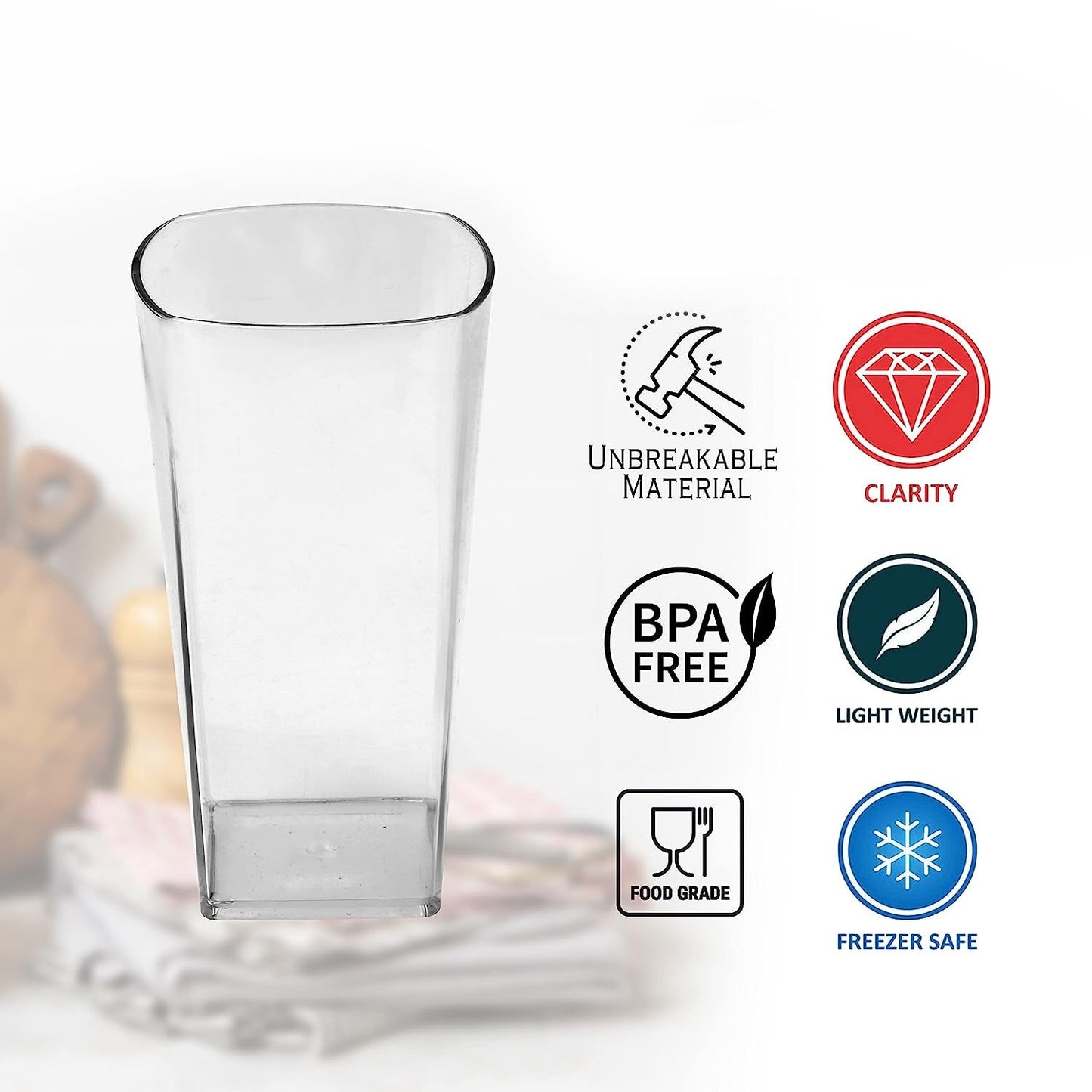 4973 Unbreakable Stylish Transparent Square Design Water/Juice/Beer/Wine Tumbler Plastic Glass Set ( 300 ML, Pack of 6) DeoDap