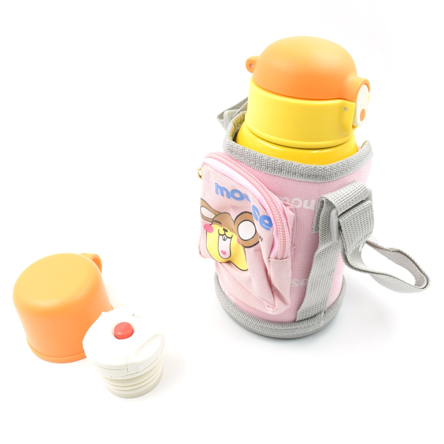 Love Baby Cute Animals Prints Kids Bottle Sipper for HOT N Cold Water, Milk, Juice with Bottle Cover, Cup, Zip Pocket & Straw to Keep Things Orange Green Pink Colors for Outdoor/ Office/Gym/School (600 ML)