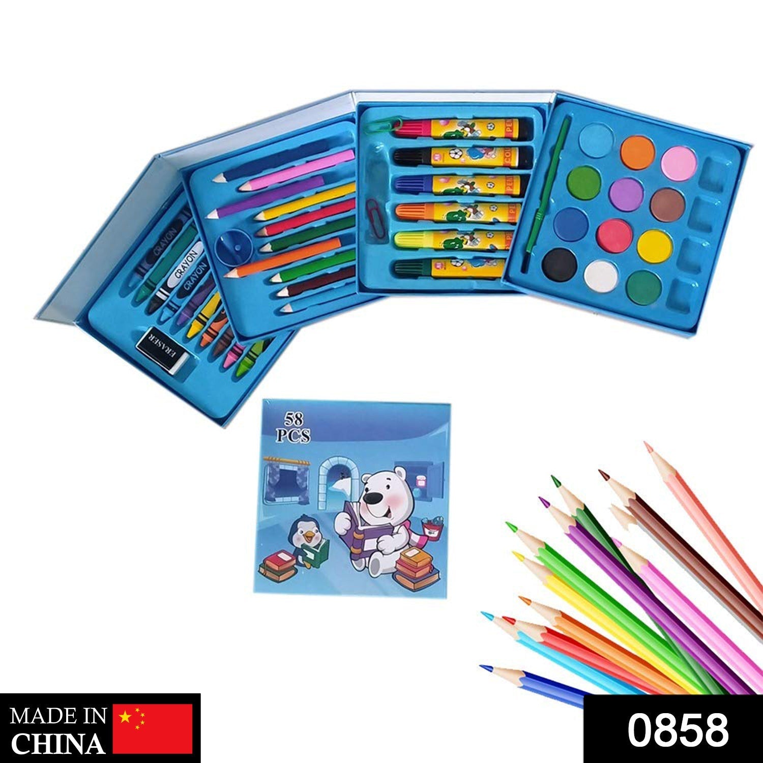 858 Plastic Art Colour Set 58 pcs with Color Pencil, Crayons, Oil Pastel and Sketch Pens DeoDap