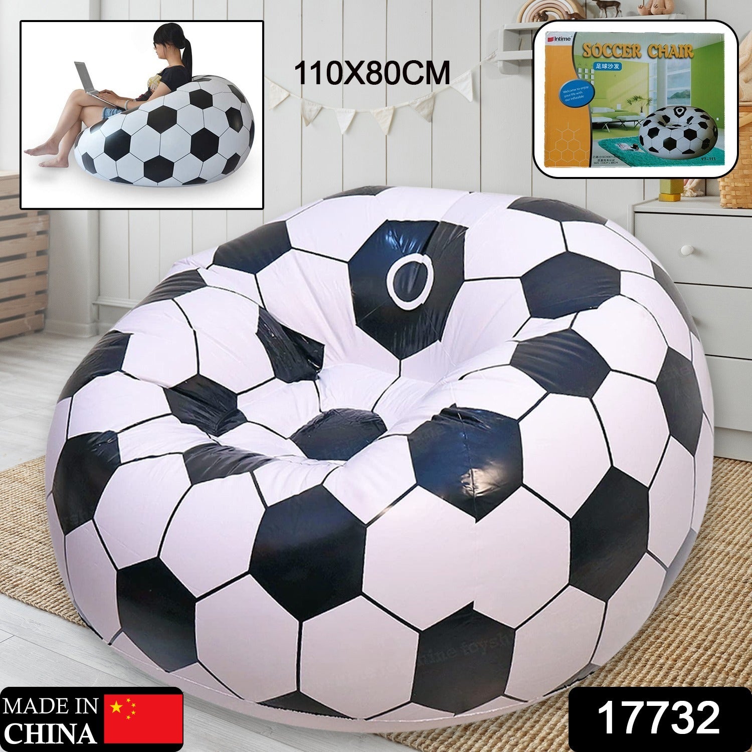 17732 Football Sofa, Cartoon Style Inflatable Folding Chair, Soccer Ball Chair, Inflatable Sofa for Adults, Kids size 110cm x 80cm