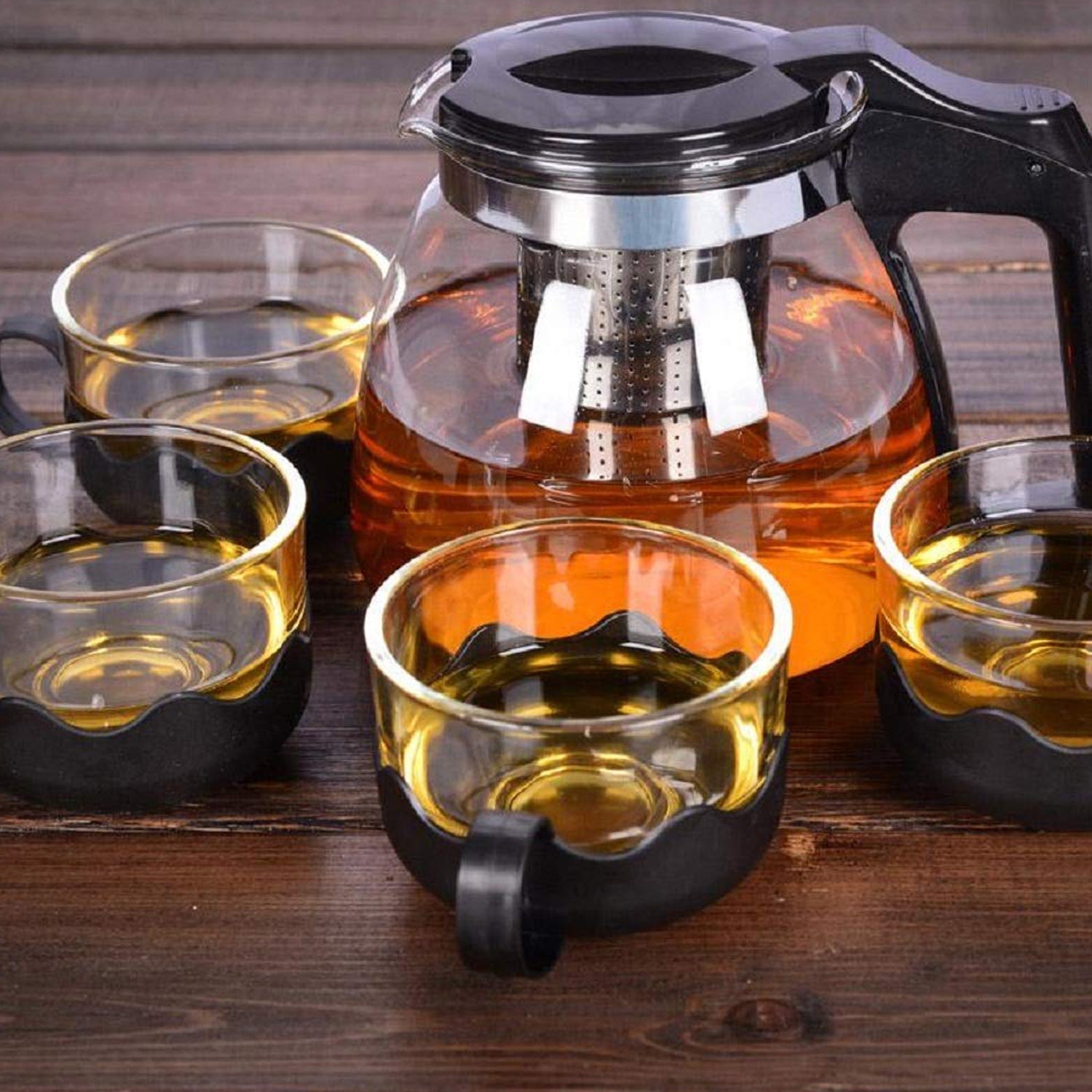 5886 Flame Proof Glass Kettle & Cup  Set With Stainer High Quality Kettle Set For Home & Cafe Use  (4 Cup & 1 Kettle)