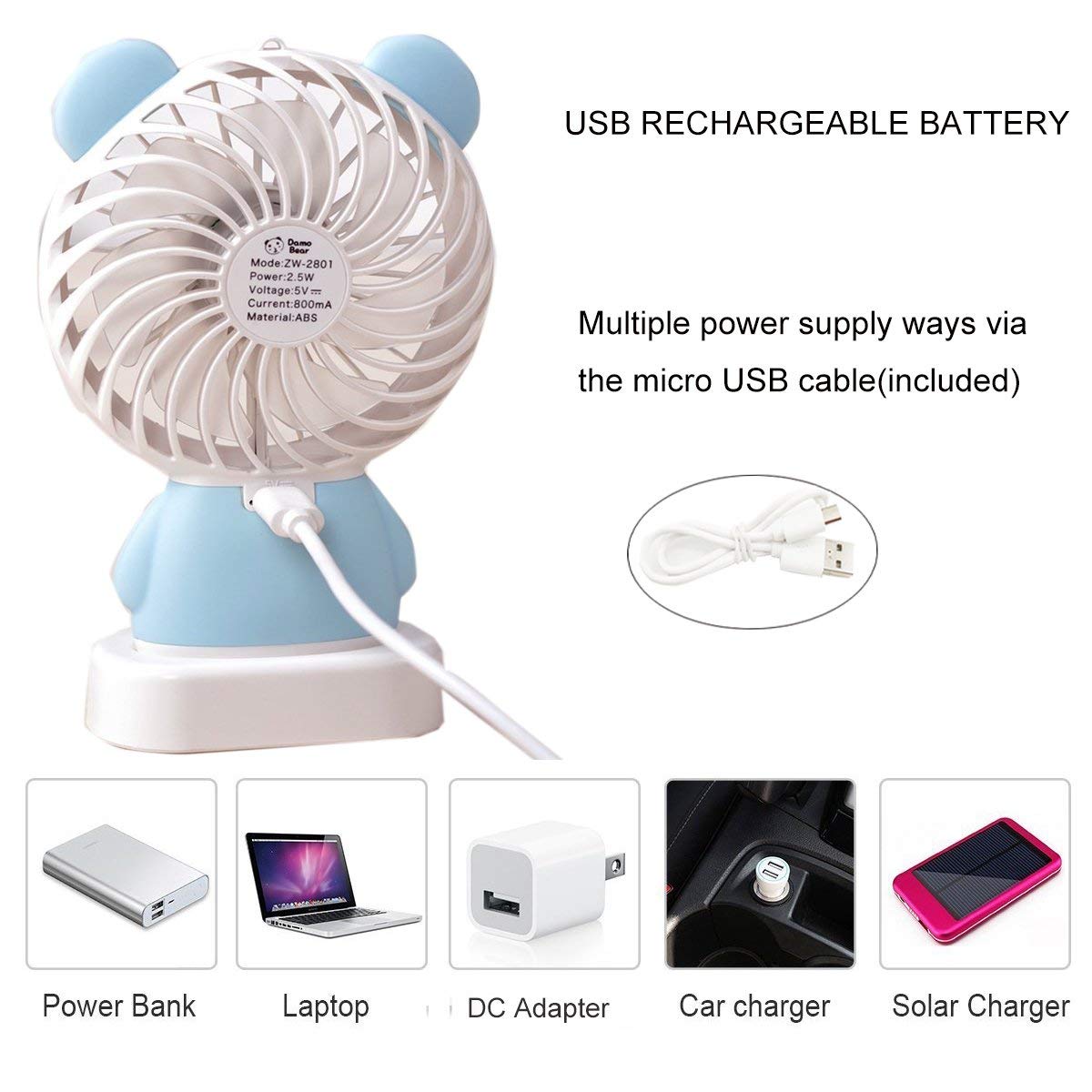 7633 Mini Portable Fan USB Rechargeable Handheld Rabbit Style Color Changing LED Light Pocket Desk Light Fan DeoDap