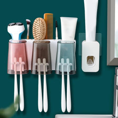 Wall Mount Toothbrush Holder with 3 & 2 Cups Automatic Toothpaste Holder Multi-Functional Kids Favorite Candy Toothbrush Holder Bathroom Accessories Organizer Rack